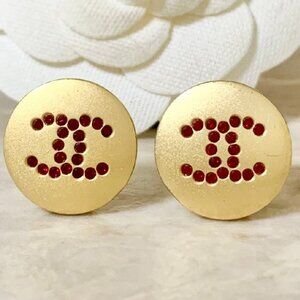 CHANEL CC Logos Red Rhinestone Round Clip-On Earrings Gold Tone 00A Auth #3257